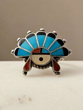Vintage Native American Zuni Sterling Silver Multi-Stone inlay Sunface Ring 6.5